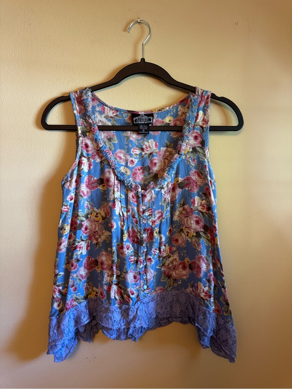 Angie Blue Floral Lace-Trim Tank with Pink Accents